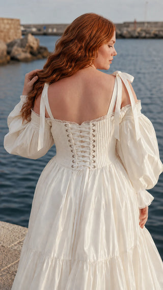 AI-generated plus-size styling preview — Plus Size Taffeta Wedding Dress with Detachable Ruffle Sleeves