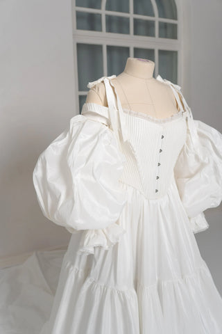 Original garment on mannequin — Plus Size Taffeta Wedding Dress with Detachable Ruffle Sleeves