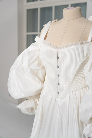 Original garment on mannequin — Plus Size Taffeta Wedding Dress with Detachable Ruffle Sleeves