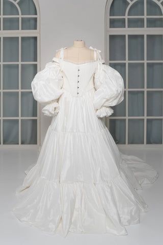 Original garment on mannequin — Plus Size Taffeta Wedding Dress with Detachable Ruffle Sleeves