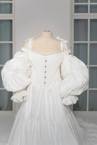 Original garment on mannequin — Plus Size Taffeta Wedding Dress with Detachable Ruffle Sleeves