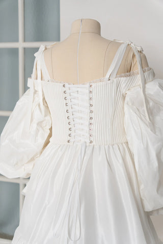 Original garment on mannequin — Plus Size Taffeta Wedding Dress with Detachable Ruffle Sleeves