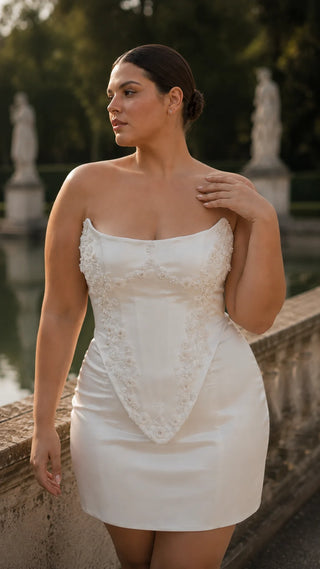 AI-generated plus-size styling preview — Plus Size Floral Embroidered Bridal Corset & Mini Skirt Set