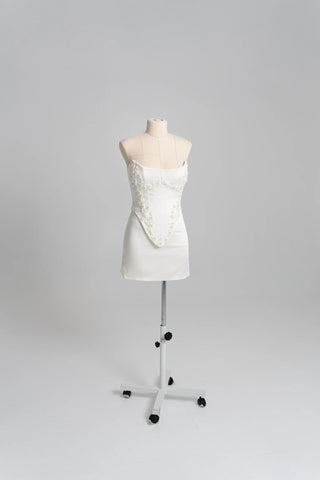 Original garment on mannequin — Plus Size Floral Embroidered Bridal Corset & Mini Skirt Set