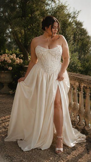 AI-generated plus-size styling preview — Plus Size Beaded Taffeta Bridal Corset & Slit Skirt Set