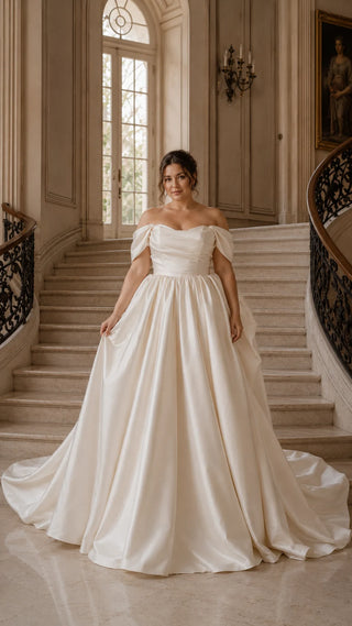 AI-generated plus-size styling preview — Plus Size Off-the-Shoulder Mikado Wedding Gown with Train