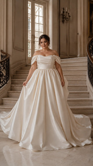 AI-generated plus-size styling preview — Plus Size Off-the-Shoulder Mikado Wedding Gown with Train