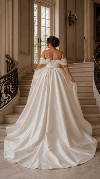 AI-generated plus-size styling preview — Plus Size Off-the-Shoulder Mikado Wedding Gown with Train