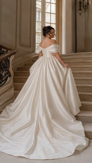 AI-generated plus-size styling preview — Plus Size Off-the-Shoulder Mikado Wedding Gown with Train