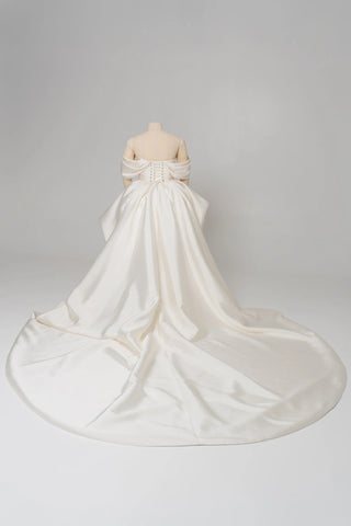 Original garment on mannequin — Plus Size Off-the-Shoulder Mikado Wedding Gown with Train