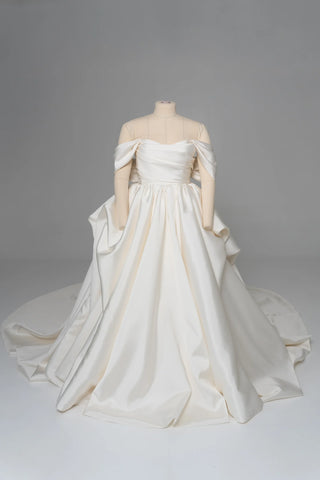 Original garment on mannequin — Plus Size Off-the-Shoulder Mikado Wedding Gown with Train