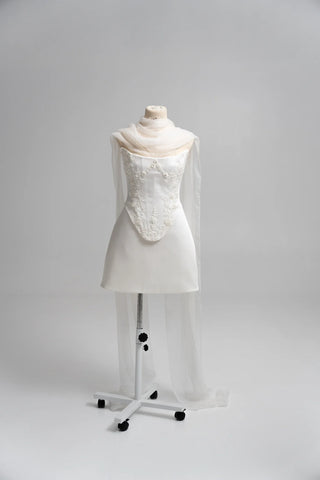Original garment on mannequin — Plus Size Convertible Bridal Corset Set with Two Skirts