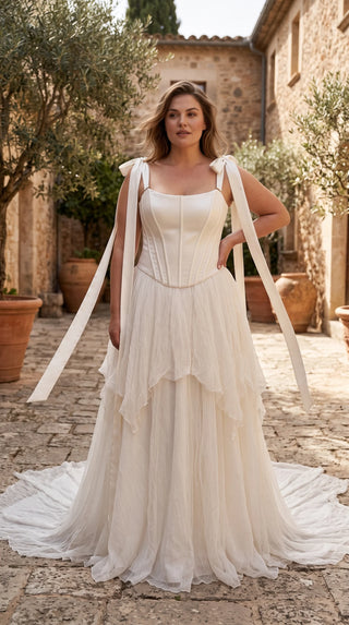 AI-generated plus-size styling preview — Plus Size Satin Bridal Corset & Silk Chiffon Skirt Set