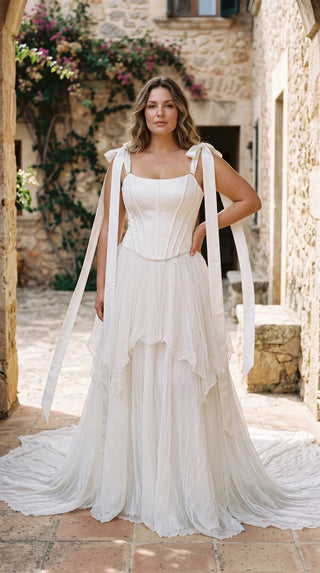 AI-generated plus-size styling preview — Plus Size Satin Bridal Corset & Silk Chiffon Skirt Set