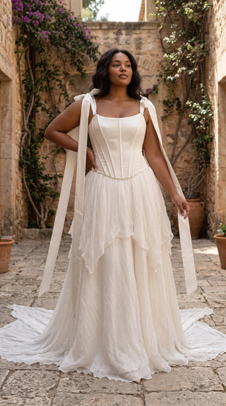 AI-generated plus-size styling preview — Plus Size Satin Bridal Corset & Silk Chiffon Skirt Set