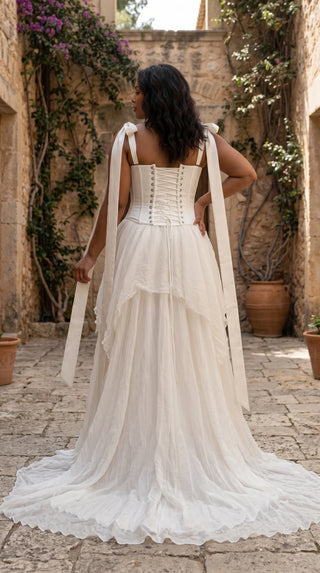 AI-generated plus-size styling preview — Plus Size Satin Bridal Corset & Silk Chiffon Skirt Set