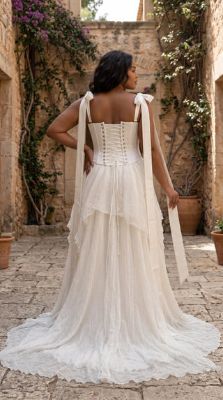 AI-generated plus-size styling preview — Plus Size Satin Bridal Corset & Silk Chiffon Skirt Set