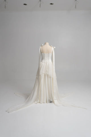 Original garment on mannequin — Plus Size Satin Bridal Corset & Silk Chiffon Skirt Set