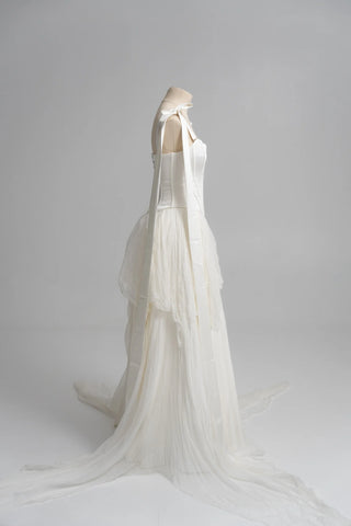 Original garment on mannequin — Plus Size Satin Bridal Corset & Silk Chiffon Skirt Set