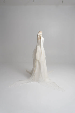 Original garment on mannequin — Plus Size Satin Bridal Corset & Silk Chiffon Skirt Set