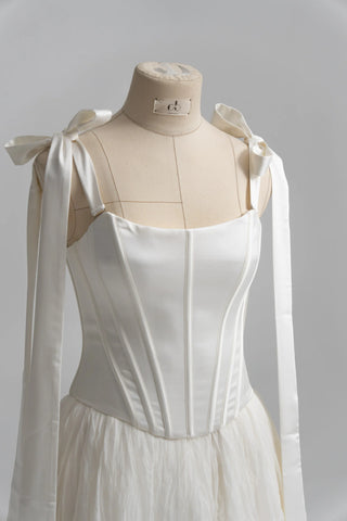 Original garment on mannequin — Plus Size Satin Bridal Corset & Silk Chiffon Skirt Set