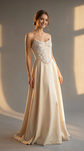 AI-generated styling preview — Gold Beaded Taffeta Corset & A-Line Skirt Set