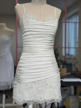 Original product photograph — Draped Taffeta Bridal Mini Dress with Lace Trim