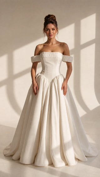 AI-generated styling preview — Off-the-Shoulder Taffeta Wedding Dress with Full Skirt