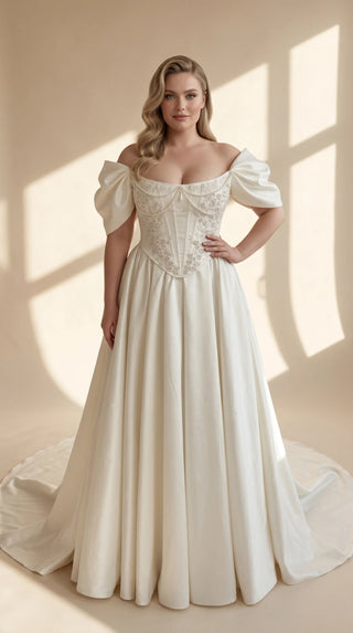 AI-generated styling preview — Ivory Taffeta Bridal Corset & Long Train Skirt Set