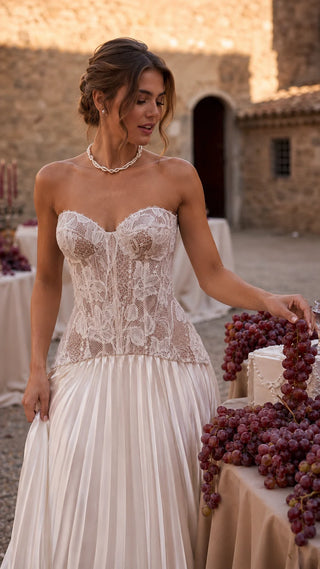 AI-generated styling preview — Lace Bridal Corset & Pleated Taffeta Skirt Set