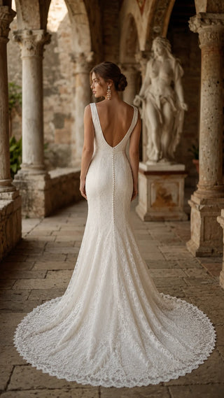 AI-generated styling preview — Ivory Lace Wedding Dress with V-Neckline & Slit