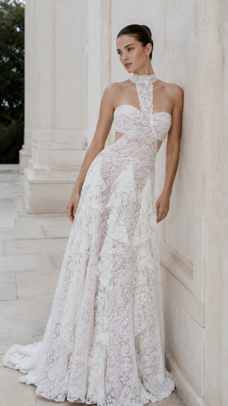 AI-generated styling preview — Ivory Lace Wedding Dress with Powder Pink Base & Ruffled Skirt
