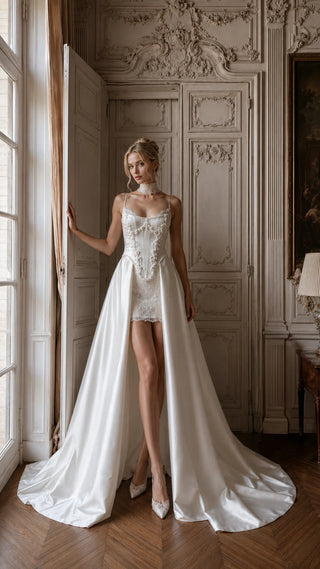 AI-generated styling preview — Convertible Lace Bridal Corset & Mini Skirt Set with Detachable Train