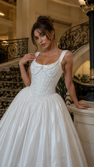 AI-generated styling preview — Hand-Embroidered Bridal Corset Gown with Flowing Taffeta Skirt