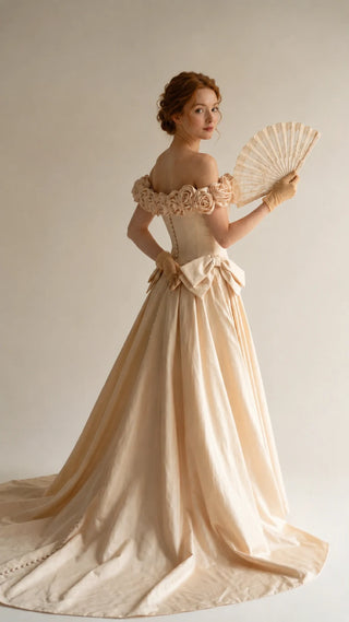 AI-generated styling preview — Golden Taffeta Wedding Gown with Handmade Roses