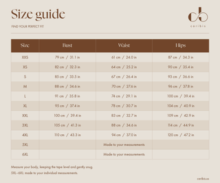 Caribis size guide — body measurements in centimeters and inches; XXS–4XL, 5XL–6XL made to measure