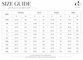 Caribis size guide XXS–5XL — inches and centimeters