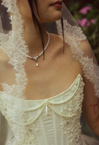 Wedding set with delicate flowers and pearls — strapless corset with a long skirt