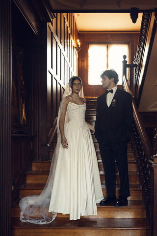Wedding set with delicate flowers and pearls — strapless corset with a long skirt - designer piece by Caribis