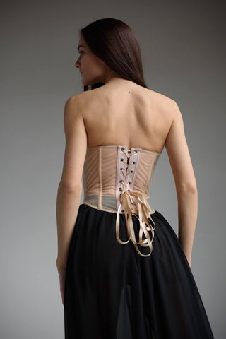 Classic lace-up mesh corset with fan cups, metal boning, and removable straps