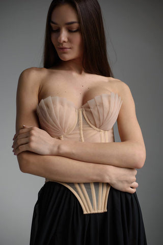 Classic lace-up mesh corset with fan cups, metal boning, and removable straps