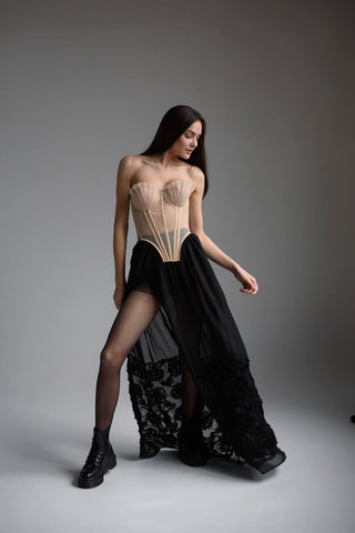 Classic lace-up mesh corset with fan cups, metal boning, and removable straps