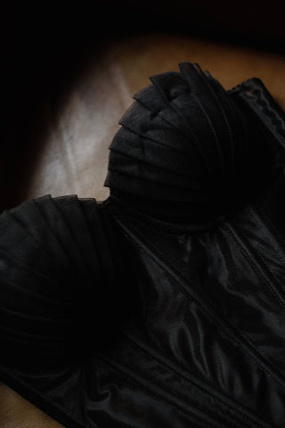 Classic lace-up mesh corset with fan cups, metal boning, and removable straps