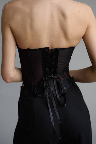 Classic lace-up mesh corset with fan cups, metal boning, and removable straps