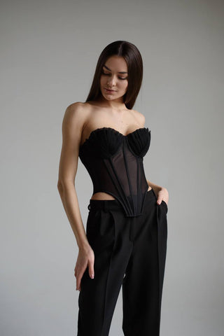 Classic lace-up mesh corset with fan cups, metal boning, and removable straps