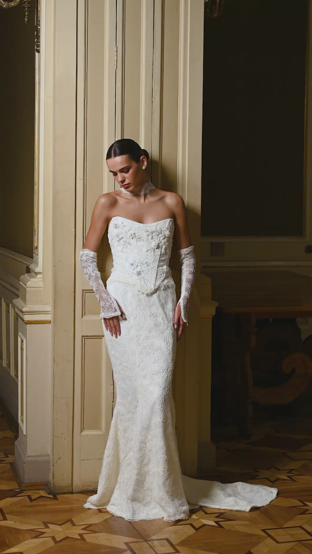 Ivory Lace Bridal Corset & Skirt Set with Detachable Sleeves