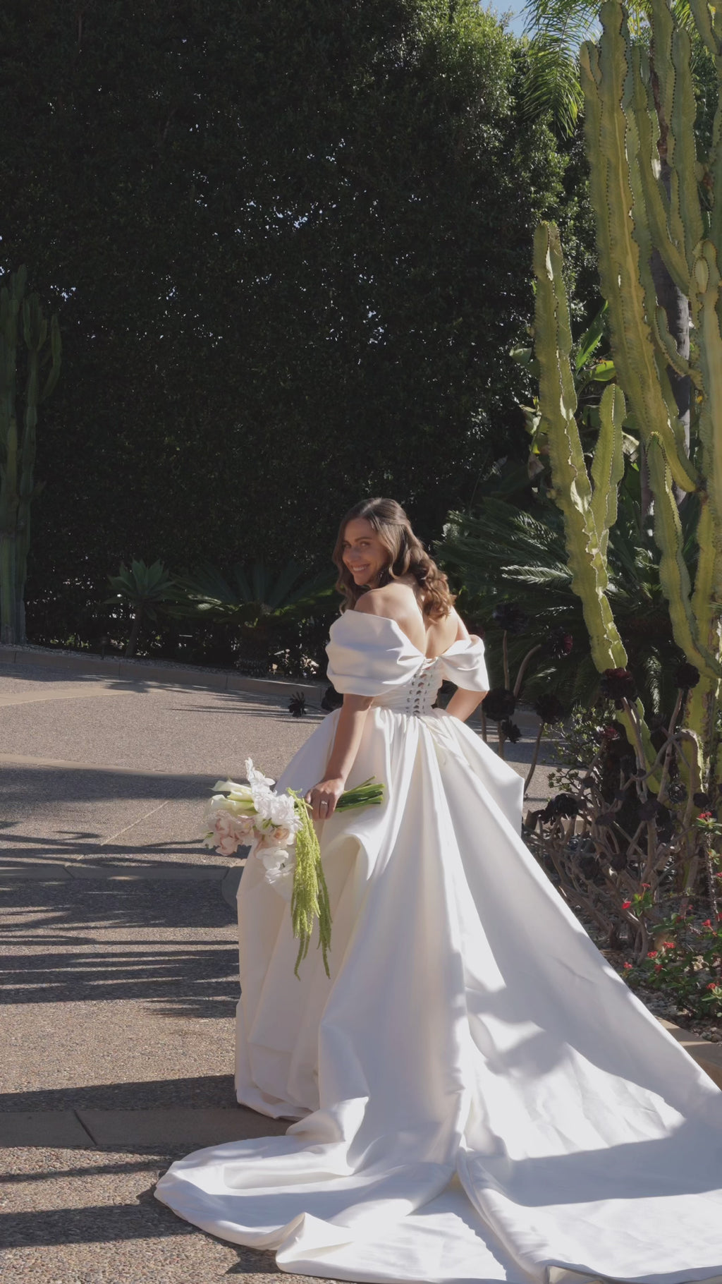 Original garment video — Plus Size Off-the-Shoulder Mikado Wedding Gown with Train
