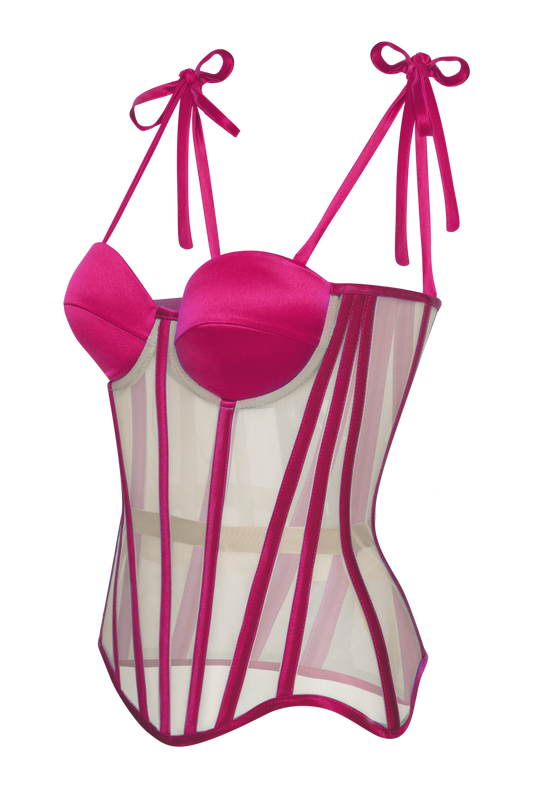 Mesh Corset Top With Pink Satin Cups, Steel Bones Custom Corset Tops, Removable Straps Lacing Up Corset