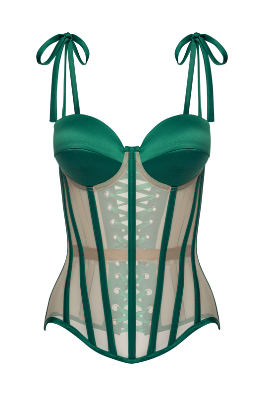 Mesh Corset Top With Emerald Green Satin Cups, Steel Bones Custom Corset Tops, Removable Straps Lacing Up Corset