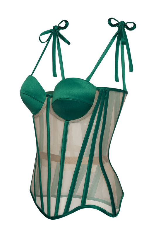 Mesh Corset Top With Emerald Green Satin Cups, Steel Bones Custom Corset Tops, Removable Straps Lacing Up Corset